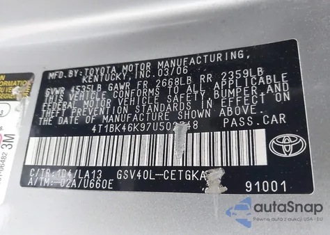 2007 Toyota Camry Xle V6 z USA, uszkodzony, nr VIN 4T1BK46K97U502748